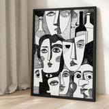 Abstract Faces Modern Line Art Wall Art – Black-and-White Bottles