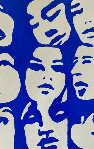 Abstract Faces Modern Line-Art Wall Art – Blue and Cream Portrait Print