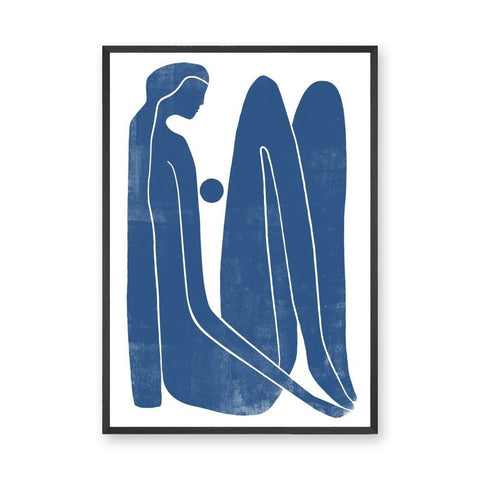 Abstract Figure Minimalist Line Art Wall Art – Blue Seated Portrait