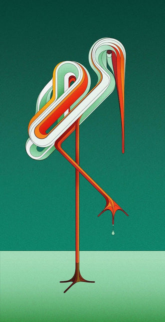 Abstract Flamingo Retro Geometric Wall Art – Teal Green Ribbon Line Bird