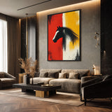Abstract Horse Modern Wall Art – Black Horse on Red and Yellow Fields