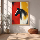 Abstract Horse Modern Wall Art – Black Horse on Red and Yellow Fields