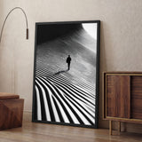 Abstract Landscape Modern Wall Art – Lone Figure in Striped Black and White