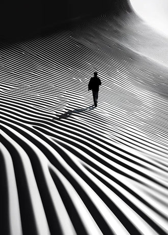 Abstract Landscape Modern Wall Art – Lone Figure in Striped Black and White
