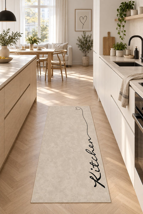 Abstract Modern Kitchen Rug – Beige in a kitchen