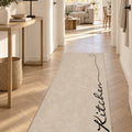 Abstract Modern Kitchen Rug – Beige in a hallway