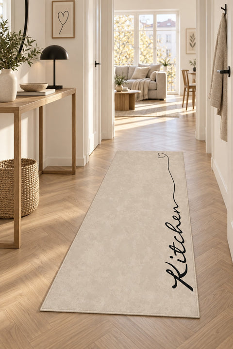 Abstract Modern Kitchen Rug – Beige in a hallway