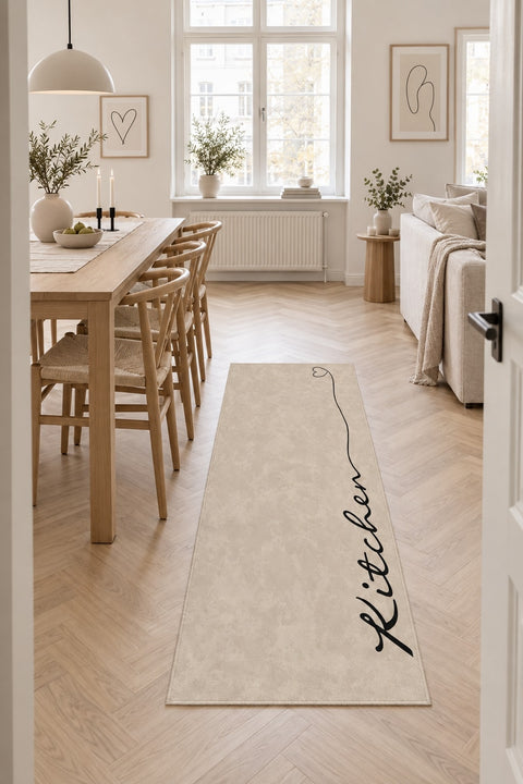 Abstract Modern Kitchen Rug – Beige in a dining room