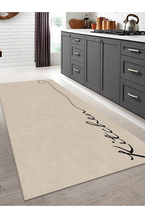 Abstract Modern Kitchen Rug – Beige in a kitchen