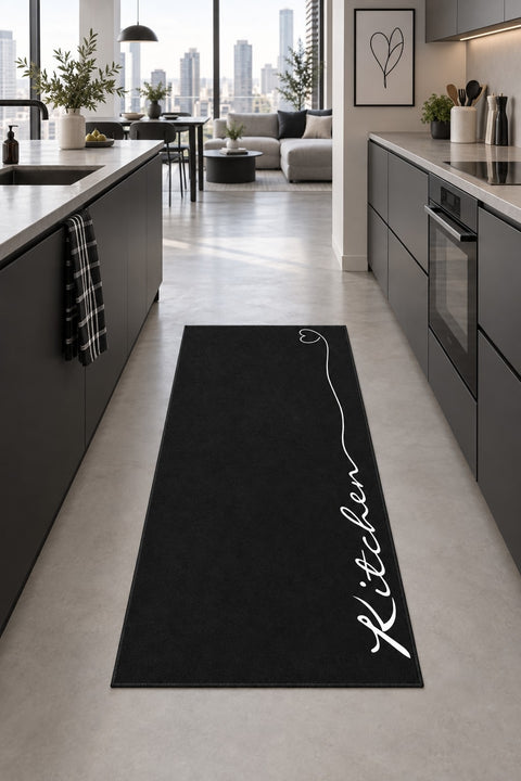Abstract Modern Kitchen Rug – Black in a kitchen