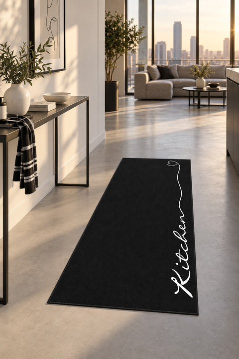Abstract Modern Kitchen Rug – Black in a hallway