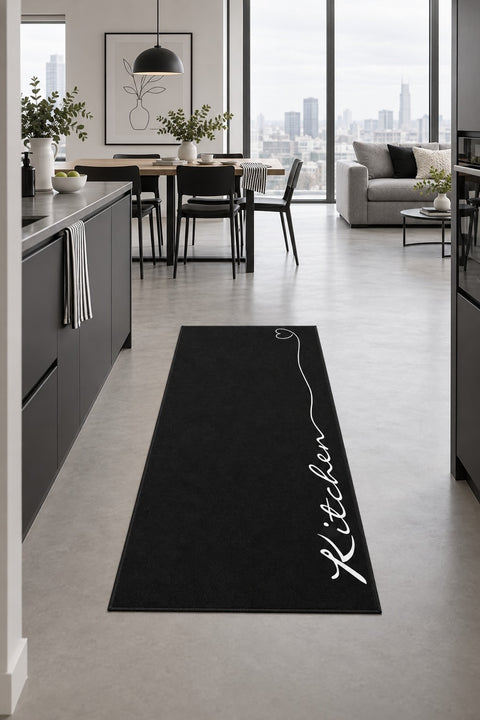 Abstract Modern Kitchen Rug – Black in a dining room