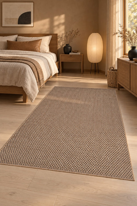 Abstract Natural Jute Area Rug in a bedroom