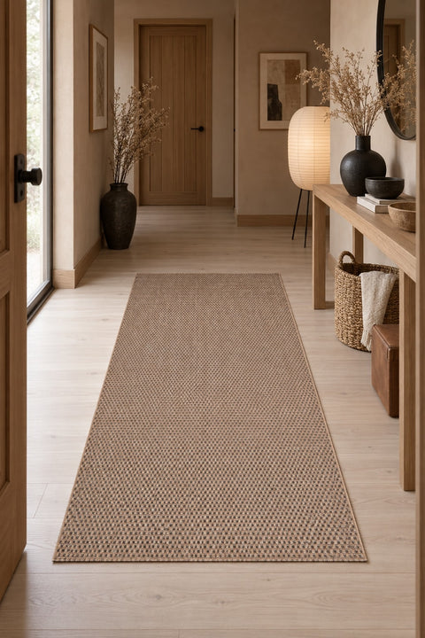 Abstract Natural Jute Area Rug in a hallway