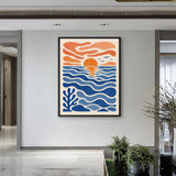 Abstract Ocean Sunset Modern Wall Art – Blue Coastal Seascape Print