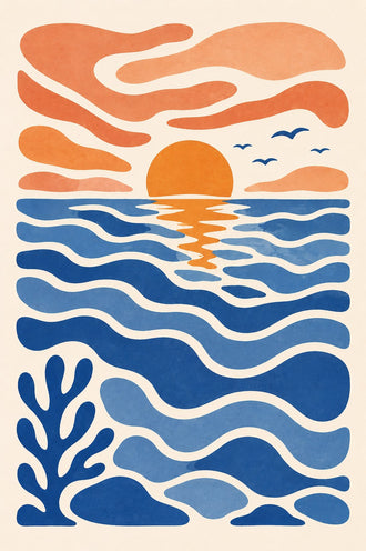 Abstract Ocean Sunset Modern Wall Art – Blue Coastal Seascape Print