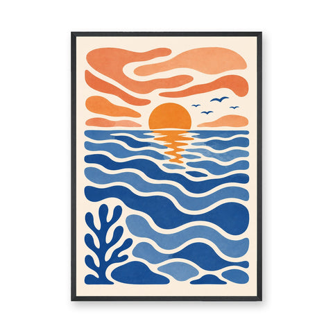 Abstract Ocean Sunset Modern Wall Art – Blue Coastal Seascape Print