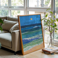 Expressive Ocean Waves and Sun Décor Poster, Contemporary Coastal Wall Poster