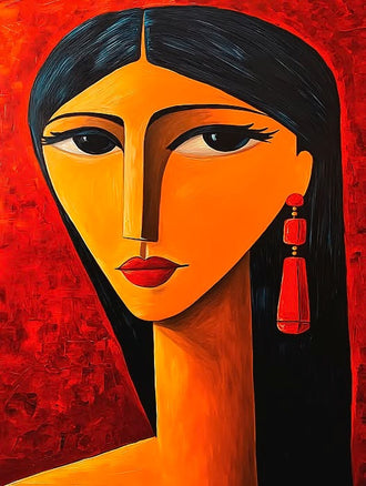 Abstract Portrait Modern Wall Art – Red Woman With Earrings