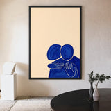 Abstract Portrait Wall Art – Blue Embrace on a Soft Beige Background