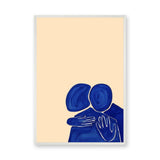 Abstract Portrait Wall Art – Blue Embrace on a Soft Beige Background