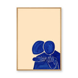 Abstract Portrait Wall Art – Blue Embrace on a Soft Beige Background