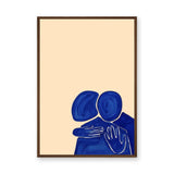 Abstract Portrait Wall Art – Blue Embrace on a Soft Beige Background