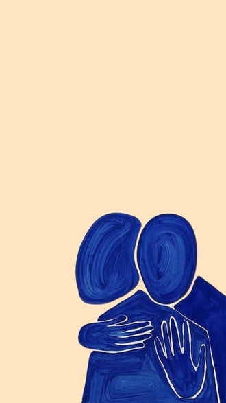 Abstract Portrait Wall Art – Blue Embrace on a Soft Beige Background