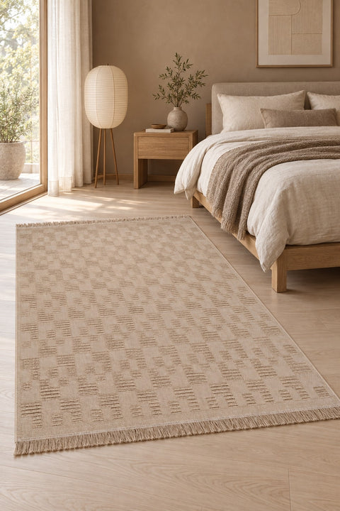 Abstract Scandinavian Jute Rug in a bedroom