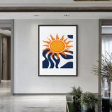 Abstract Sun Modern Minimalist Wall Art – Orange Sun with Navy Waves