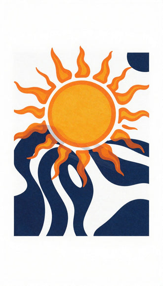 Abstract Sun Modern Minimalist Wall Art – Orange Sun with Navy Waves