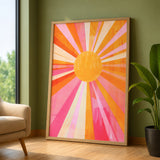 Abstract Sunburst Retro Wall Art – Pink Orange Celestial Rays
