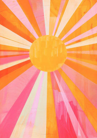 Abstract Sunburst Retro Wall Art – Pink Orange Celestial Rays