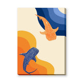 Abstract Whale Sharks Modern Wall Art – Blue Orange Coastal Print
