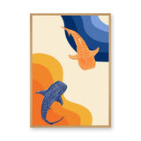 Abstract Whale Sharks Modern Wall Art – Blue Orange Coastal Print
