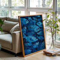 Aesthetic Blue Fish Illustration Décor Poster, Ocean Inspired Home Wall Poster