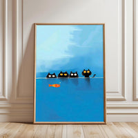Aesthetic Cats and Fish Illustration Print, Whimsical Cat Wall Print