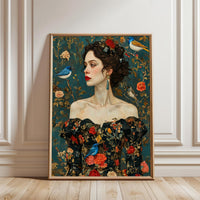 Aesthetic Woman in Floral Dress with Birds Wall Print Wall Poster