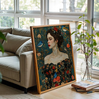 Aesthetic Woman in Floral Dress with Birds Wall Print Wall Poster