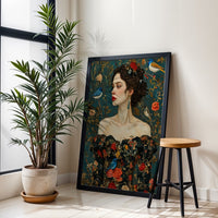 Aesthetic Woman in Floral Dress with Birds Wall Print Wall Poster
