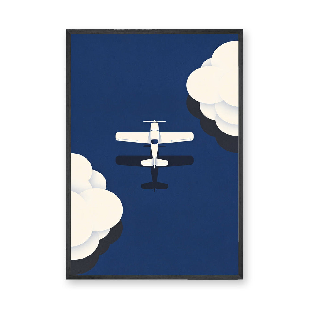 Airplane Minimalist Wall Art – White Plane in Deep Navy Clouds