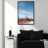 Alpine Photography Modern Wall Art – Red Chairs in Snowy Mountains