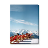Alpine Photography Modern Wall Art – Red Chairs in Snowy Mountains