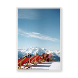 Alpine Photography Modern Wall Art – Red Chairs in Snowy Mountains