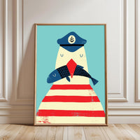 Anchor Symbol Sailor and Fish Illustration Aesthetic Home Art Wall Poster