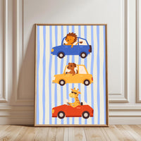 Animals Driving Cars Illustration Décor Poster, Aesthetic Animal Car Wall Poster