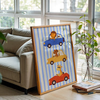 Animals Driving Cars Illustration Décor Poster, Aesthetic Animal Car Wall Poster