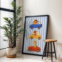 Animals Driving Cars Illustration Décor Poster, Aesthetic Animal Car Wall Poster