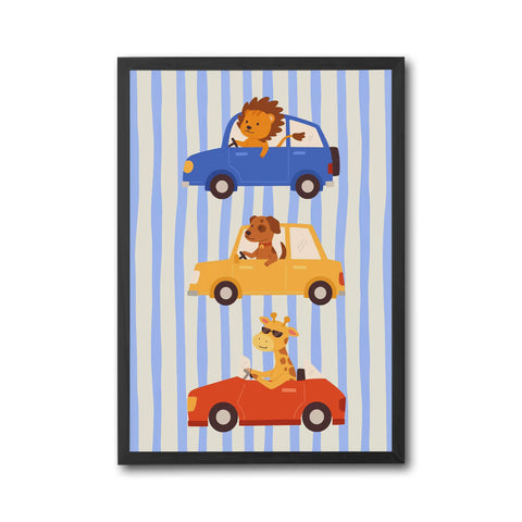Animals Driving Cars Illustration Décor Poster, Aesthetic Animal Car Wall Poster