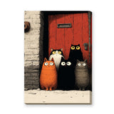 Animals Kids Eclectic Wall Art – Whimsical Cats Before a Red Door